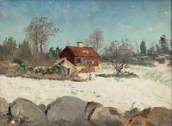 Konrad Simonsson, Winter Landscape with Red Cottage.