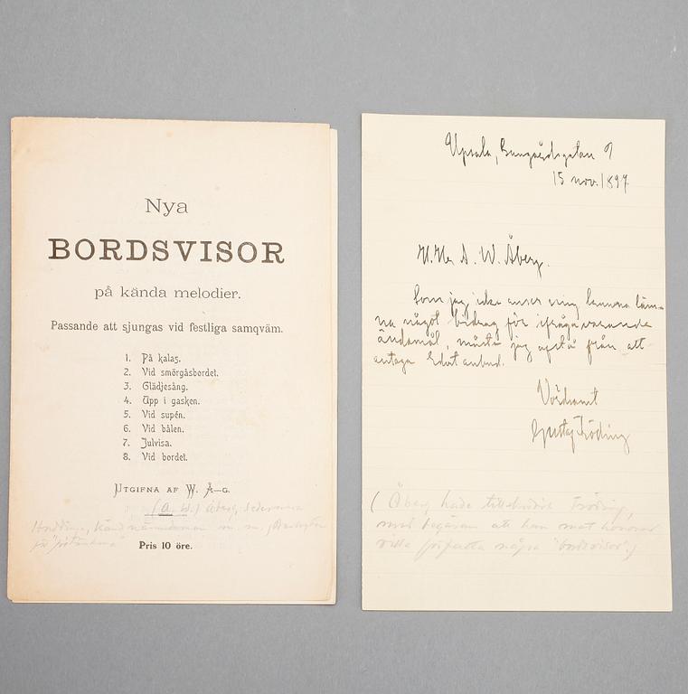 GUSTAF FRÖDING (1860-1911), egenhändigt brev, dat Uppsala 15 nov 1897.