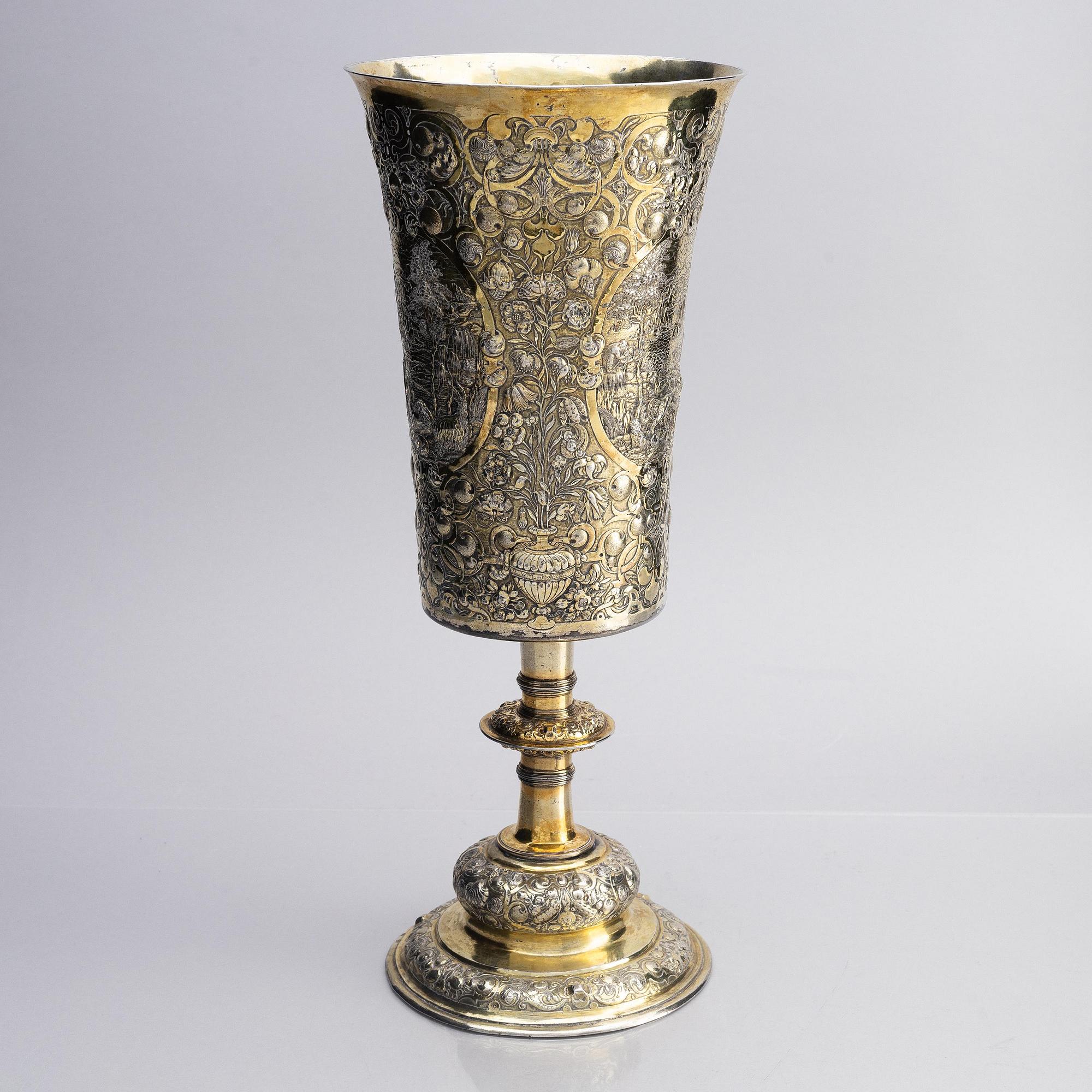 A partially gilded silver chalice, historicism, 19th century, baroque style, fantasy marks.