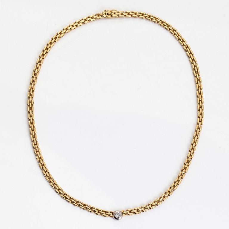 Necklace, set with a brilliant-cut diamond, and bracelet, 18K gold. Finnish import marks 1990.