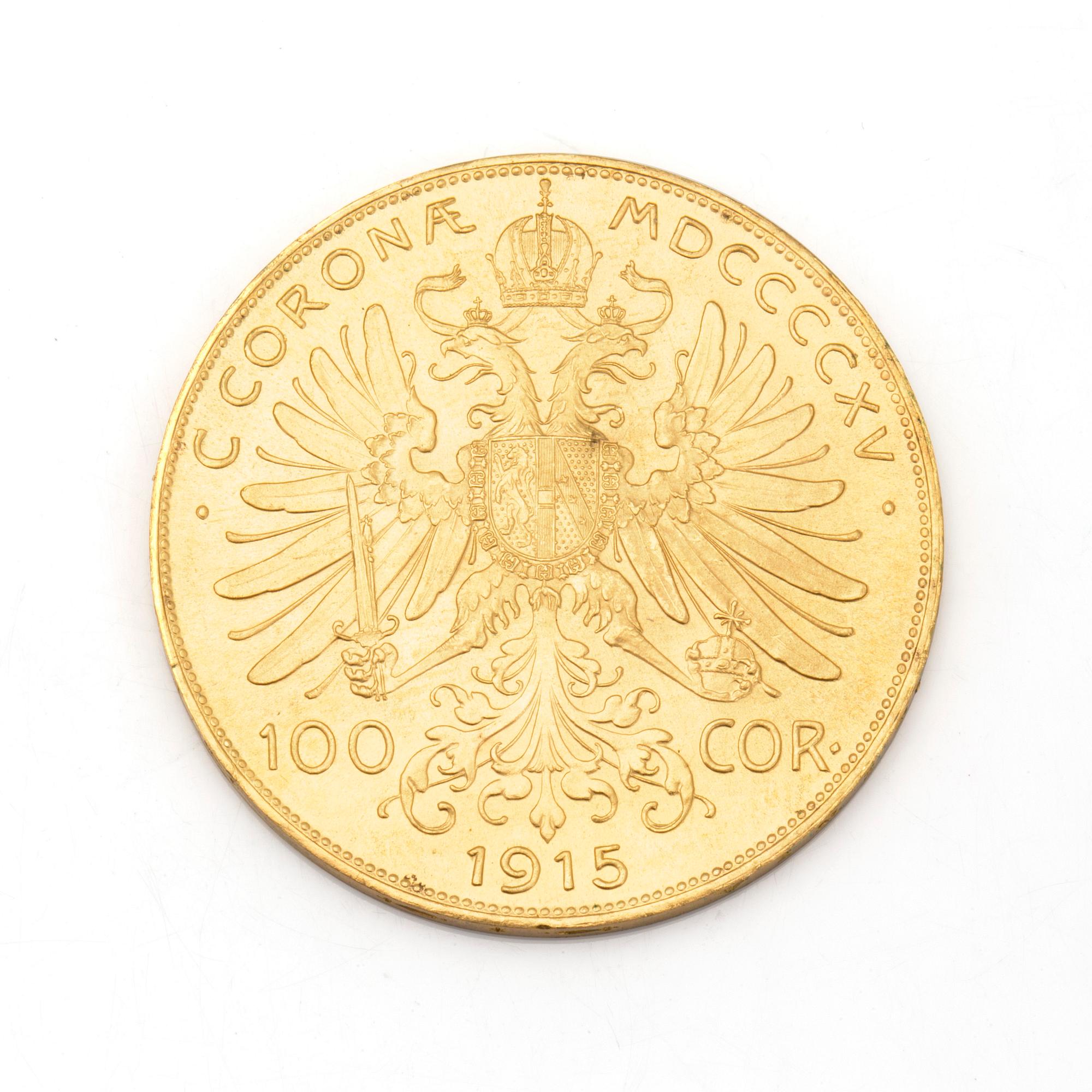 GULDMYNT, 21,6 K, 100 Corona, Kejsarriket Österrike-Ungern, 1915. Vikt ca 34 gram.