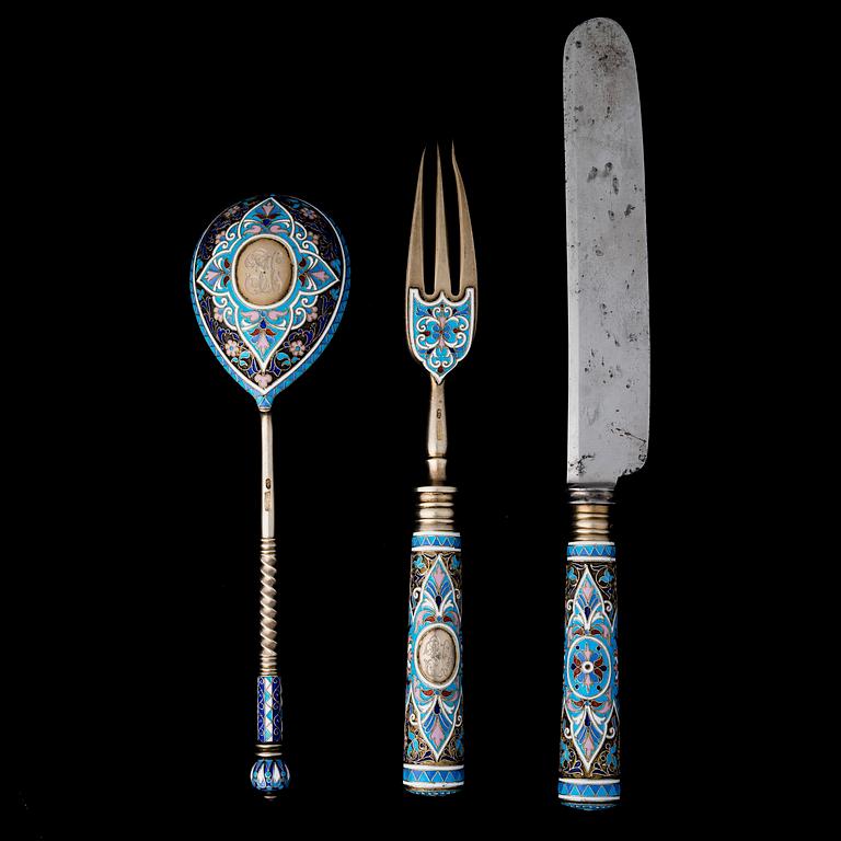 SPOON, FORK AND KNIFE, silver and enamel, Moscow ca 1900, Nikolai Nemirov-Kolodkin.