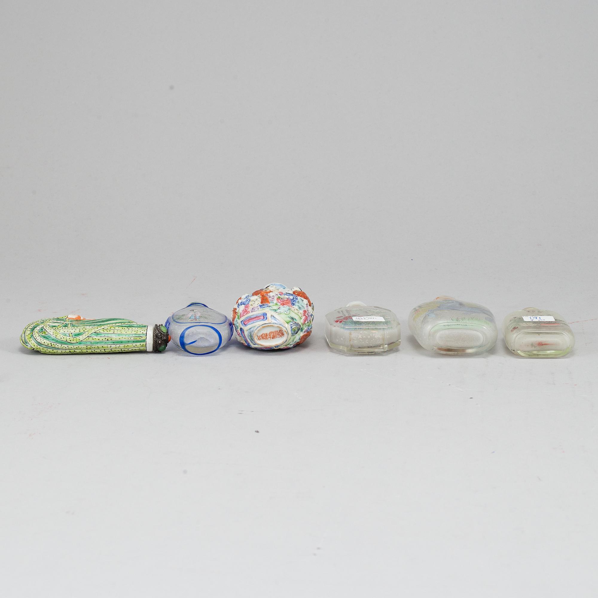 A group of six snuff bottles, 20th century.