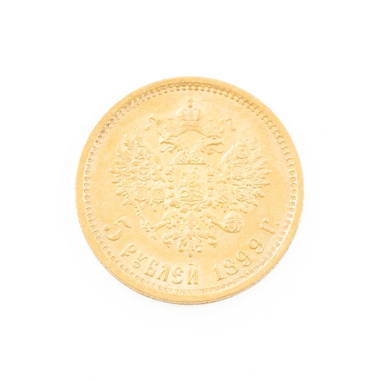Gold coin, Nicholas II, Russia, 5 Rubles, 1899.