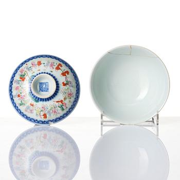 A famille rose 'boys at play' cup with cover, Qing dynasty, Qianlong mark.