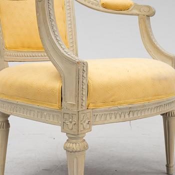 A matched pair of Gustavian armchairs, one signed by Johan Lindgren Stockholm.