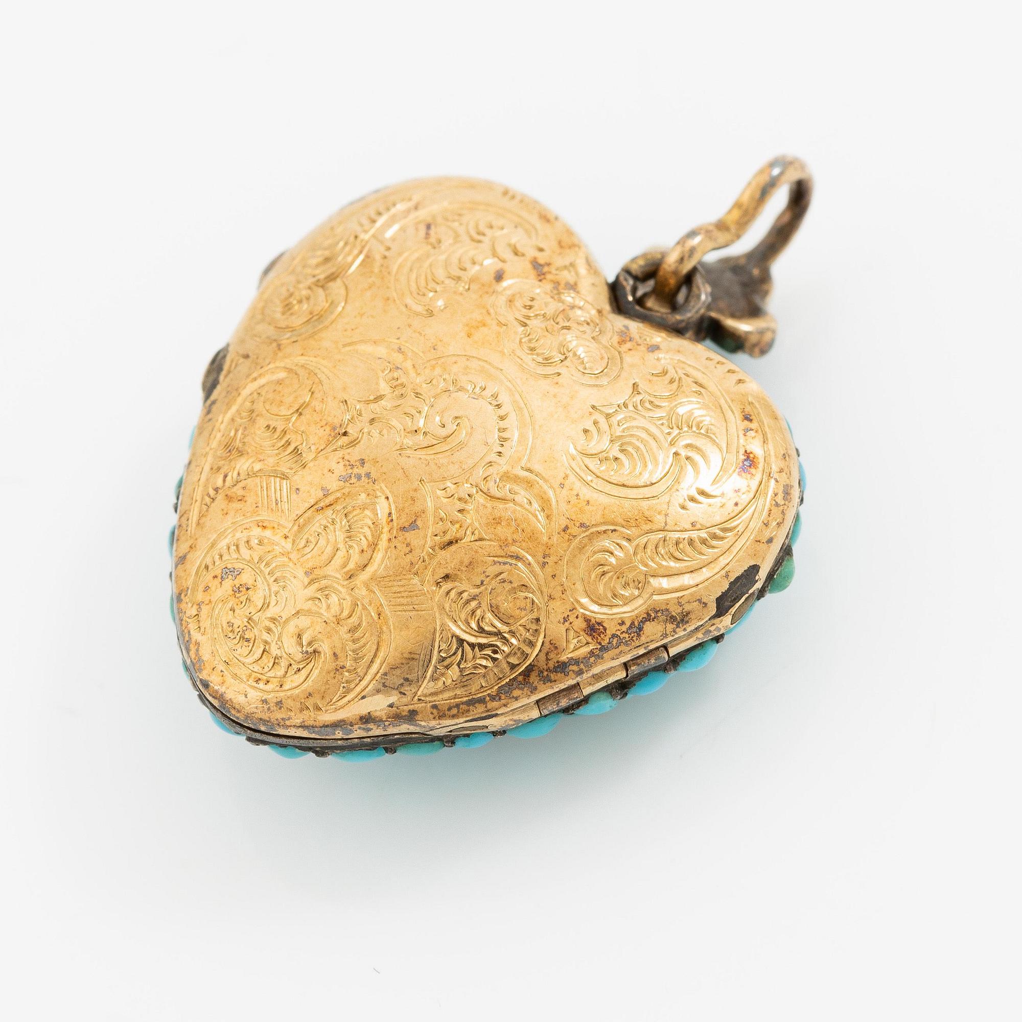 Häng/medaljong 18K guld med turkos och rosenslipade diamanter, 1800-tal.