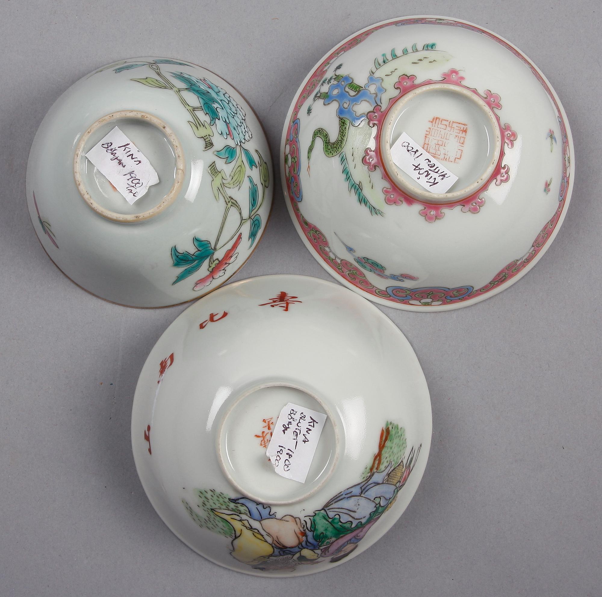 FAT, 3 st samt SKÅLAR, 3 st, porslin, Kina, 1800-1900-tal.