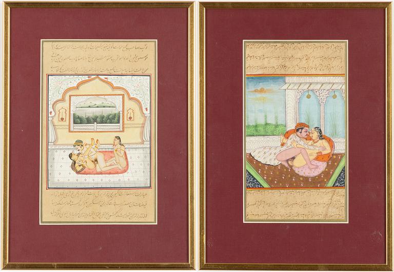 Oidentifierad konstnär, Erotiska scener i interiörer, Indien, 1900-tal. Två stycken.