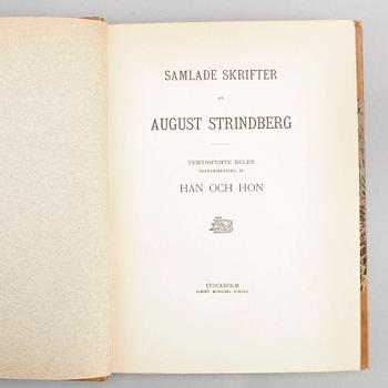 BOKBAND, 55 volymer, "Samlade skrifter av August Strindberg", Albert Bonniers förlag, Stockholm, 1912.