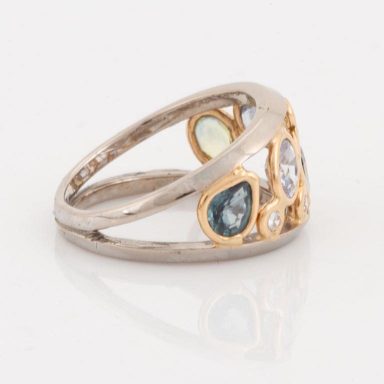 Multi colooured sapphire and brilliant cut diamond ring.