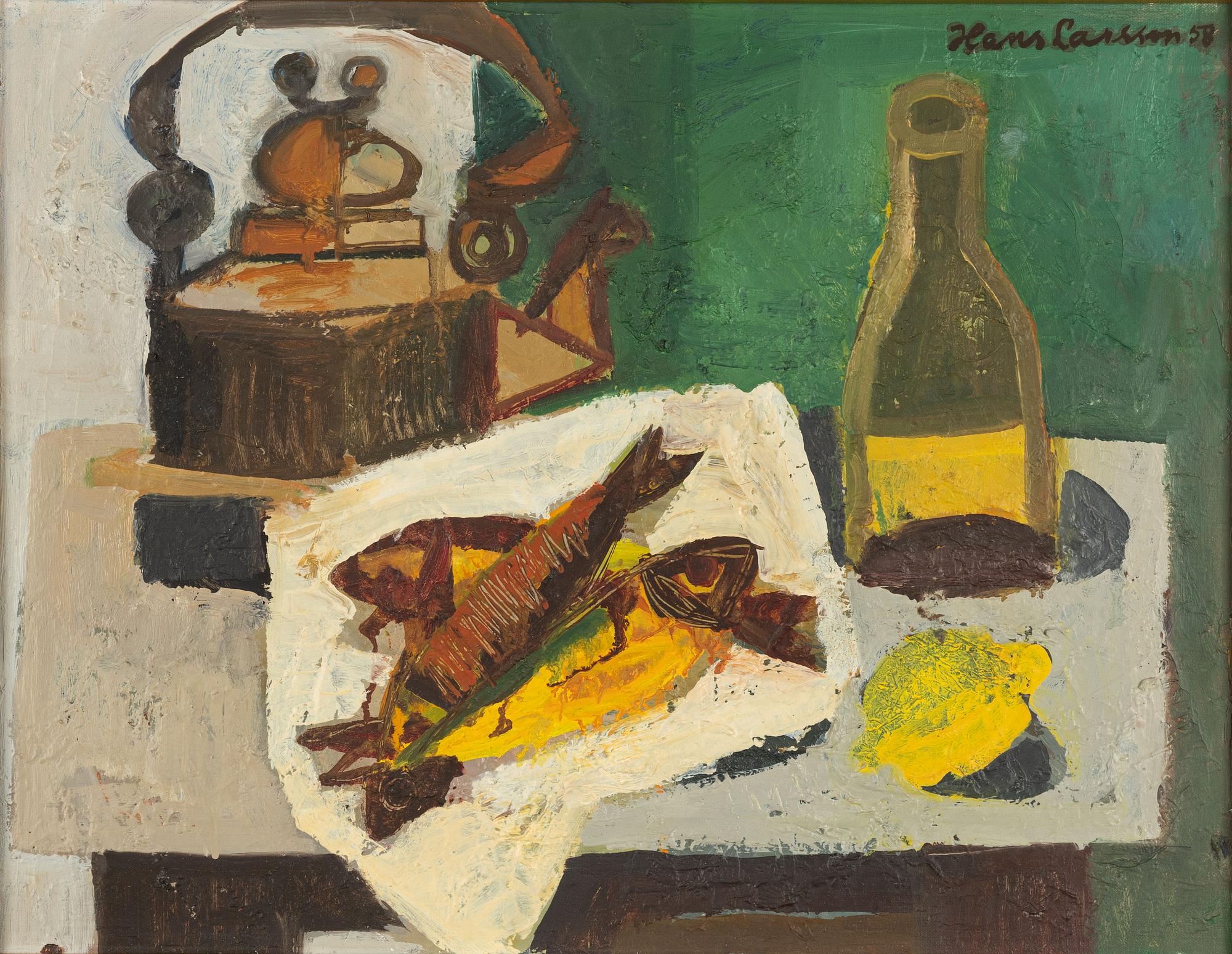 Hans Larsson, Stilleben med fiskar, citron och kanna.