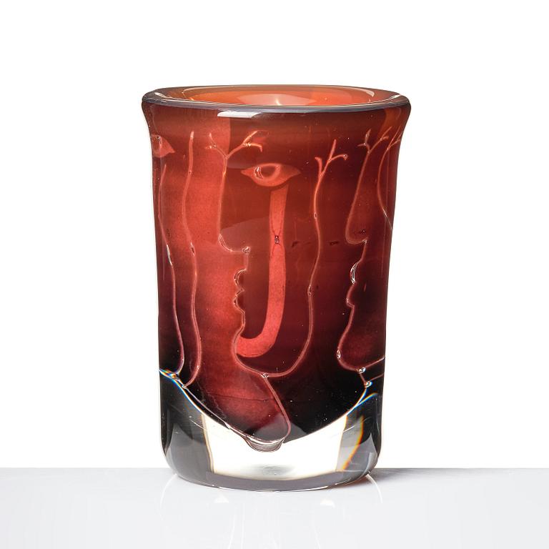 Ingeborg Lundin, a burgundy ariel glass vase 'Ansikten' (Faces), Orrefors, Sweden 1971, executed by master glassblower John Johansson.