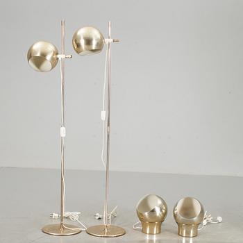 GOLV- OCH VÄGGLAMPOR, två par, Hemi bl.a "Klot 3", 1970-tal.