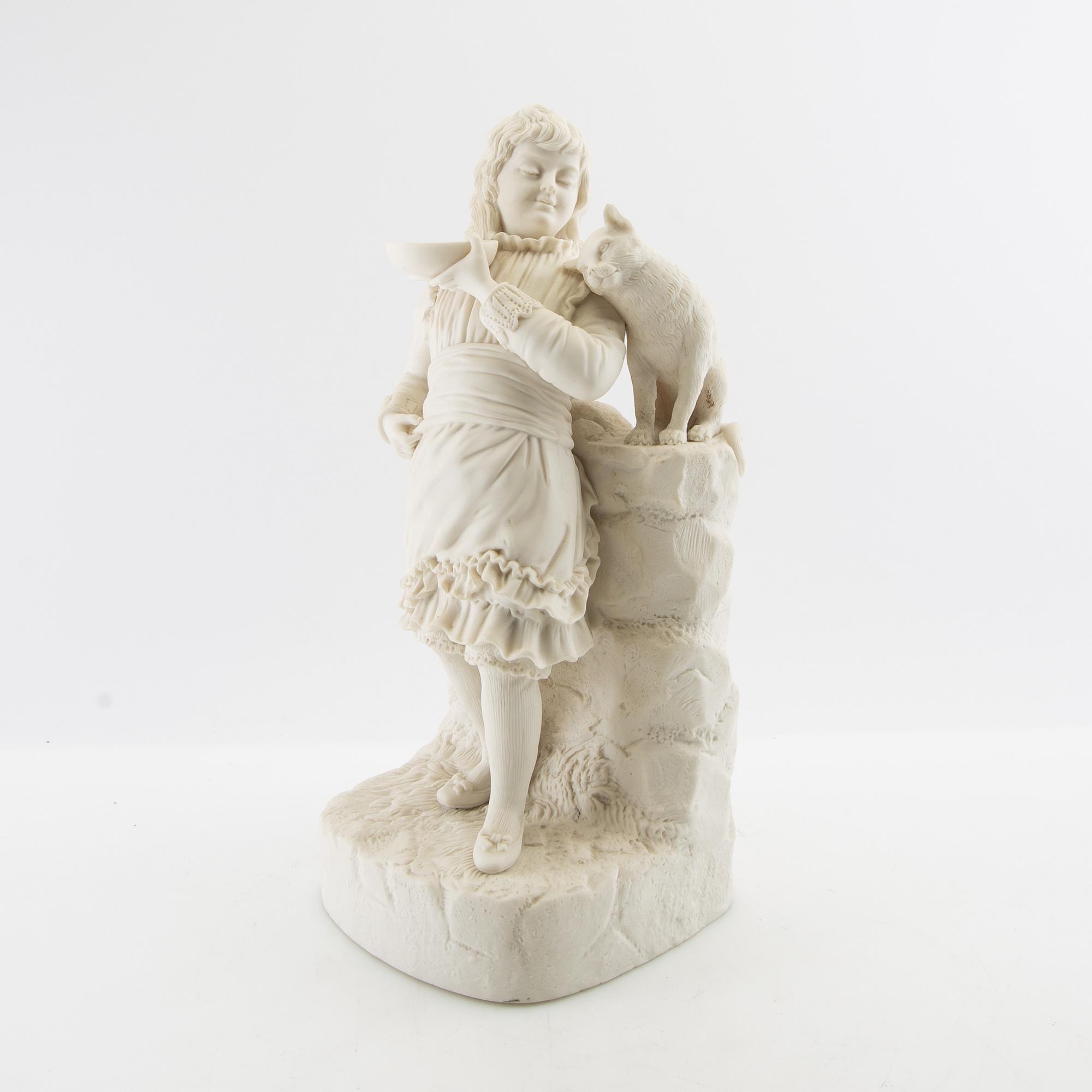 Dekorativ skulptur Flicka med katt biskvi 1900-tal.