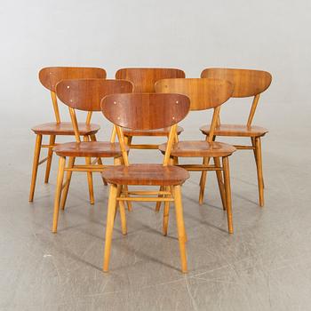 Stolar, teak och bok, 6 st, 1950-60-tal.