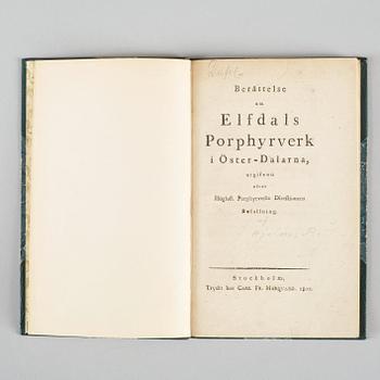 BOK. Hjelm P. J., Berättelse om Elfdals porphyrverk i Öster-Dalarna, Stockholm, C. F. Marquard, 1802.