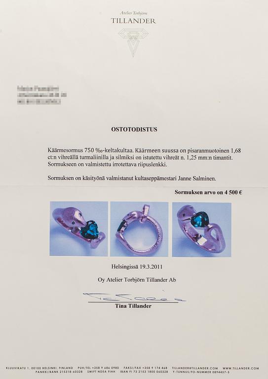 Torbjörn Tillander, an 18K gold serpent ring with heart-shaped green tourmaline and green diamonds, Helsinki 2011.