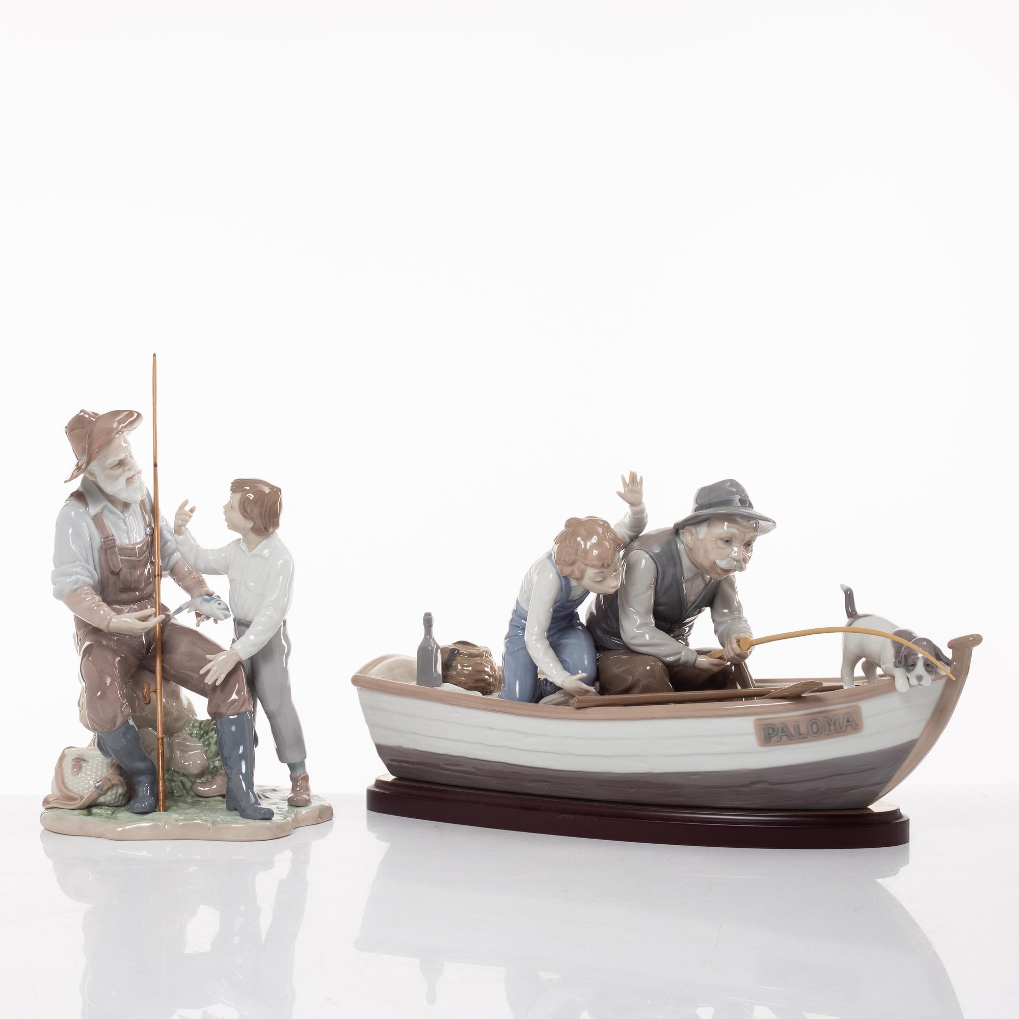 Lladro, two figurines, Salvador Furió, "A fishing lesson", and José Puché, "Fishing with gramps", Spain.