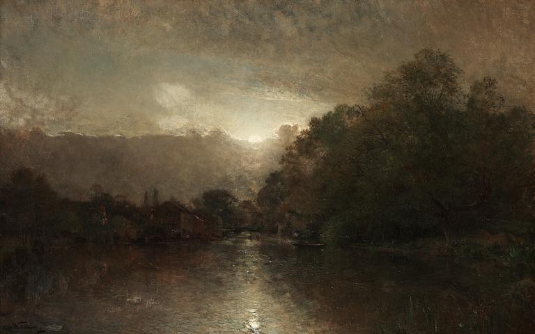 Alfred Wahlberg, Moonlit river landscape.
