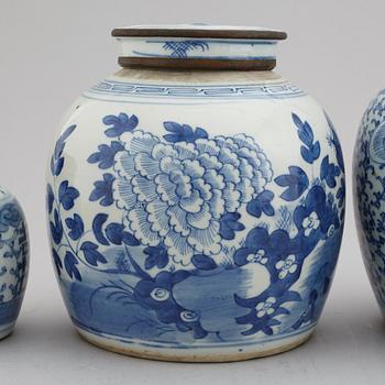 A set of three odd blue and white jars, late Qing dynasty, 19th Century.