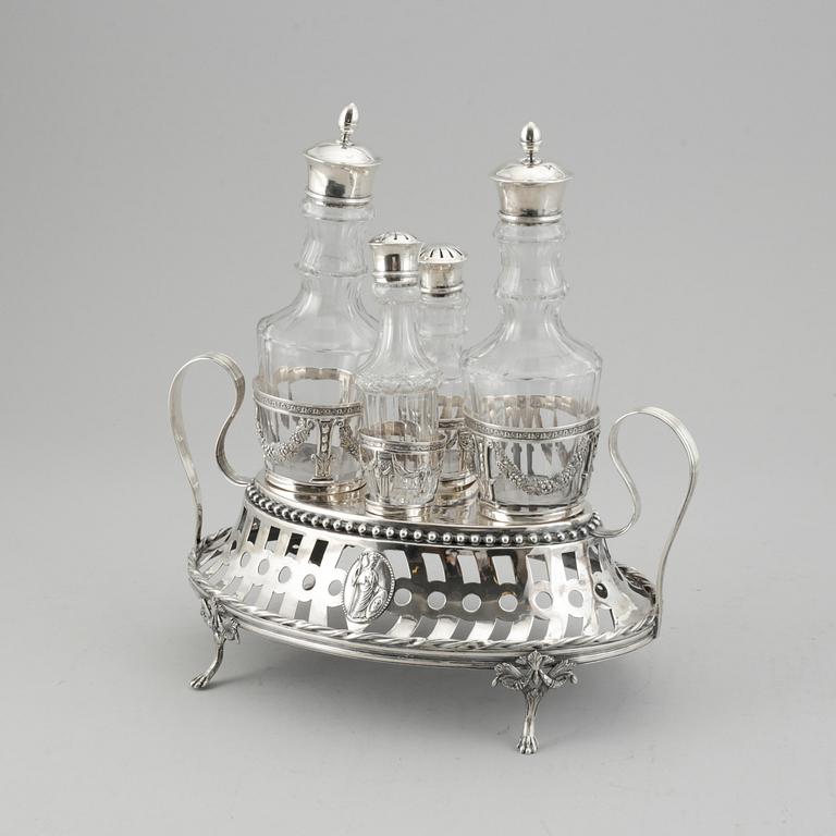 A swedish late gustavian silver cruet stand, mark of Mikael Nyberg, Sweden 1796.