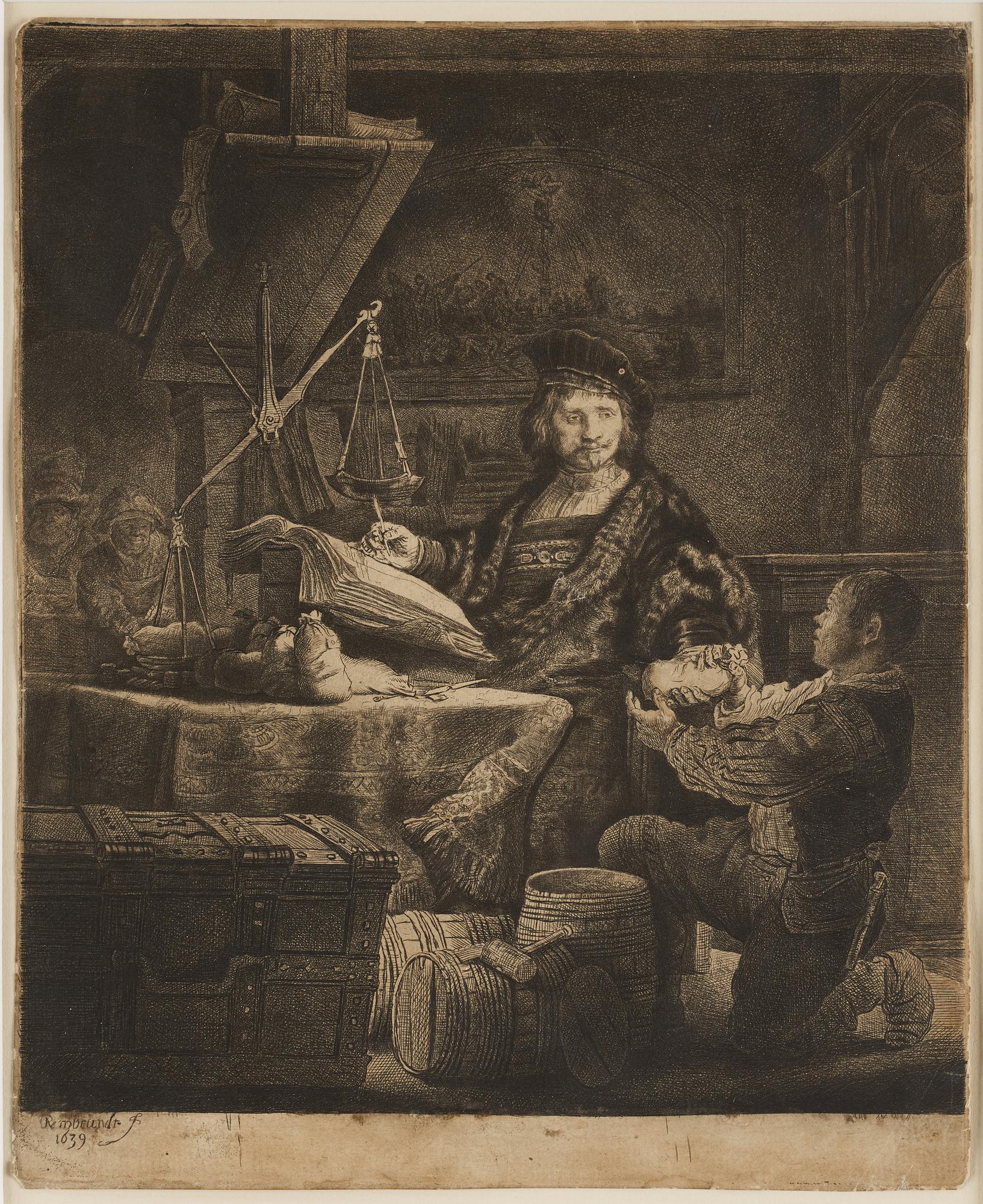 REMBRANDT HARMENSZ VAN RIJN, "The Goldweigher", etching and drypoint, signed in print etat III av IV "Rembrandt 1639".