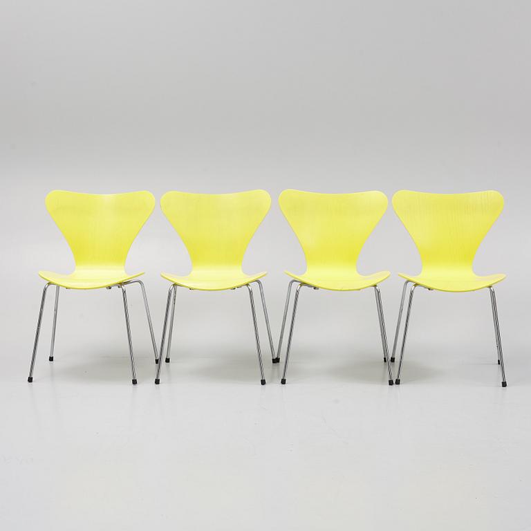 Arne Jacobsen, four 'Series 7' chairs, Fritz Hansen, Denmark, 1998.