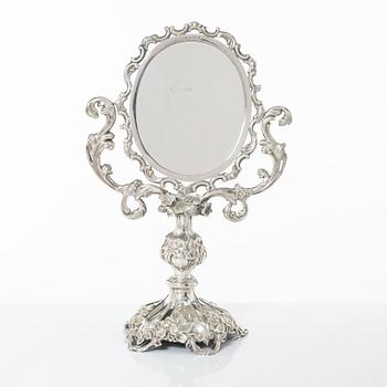 A Swedish silver dressing table mirror on stand, mark of Gustaf Möllenborg, Stockholm 1856.
