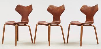 ARNE JACOBSEN, stolar, 3 st, "Grand Prix", Fritz Hansen, Danmark 1950-60-tal.