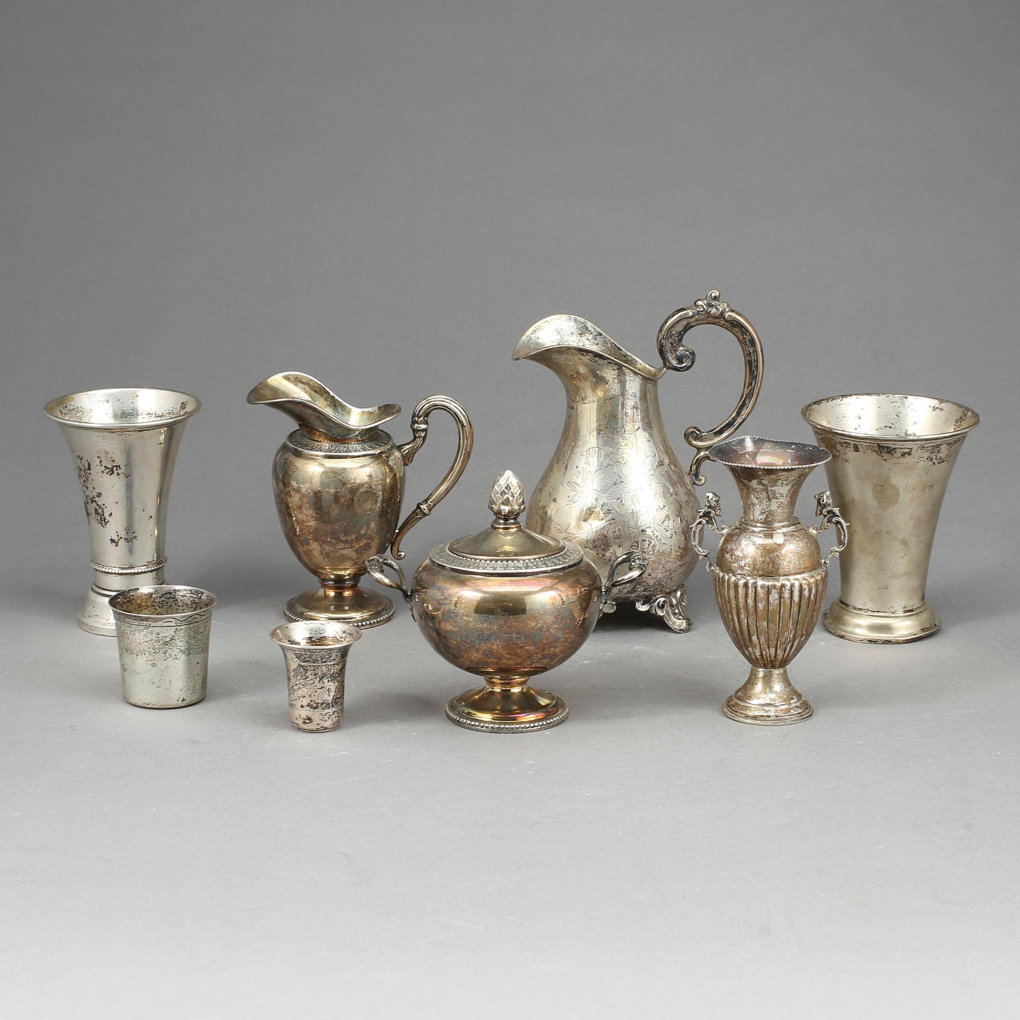 PARTI SILVER, 9 delar, 1800-1900-tal. Svenska, italienska och ryska stämplar. Vikt 709 gr.