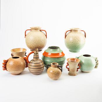 A set of nine different vases from Höganäs 1930/40s.
