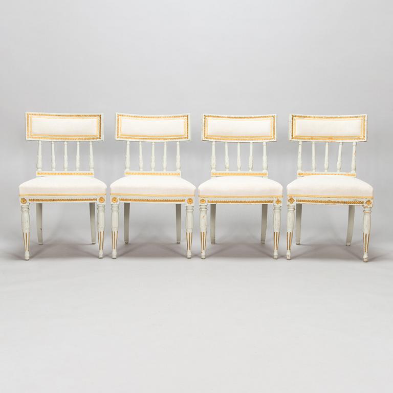 Four late Gustavian Stockholm chairs one signed EÖM  Erik Öhrmark turn of 18th/19th Century.