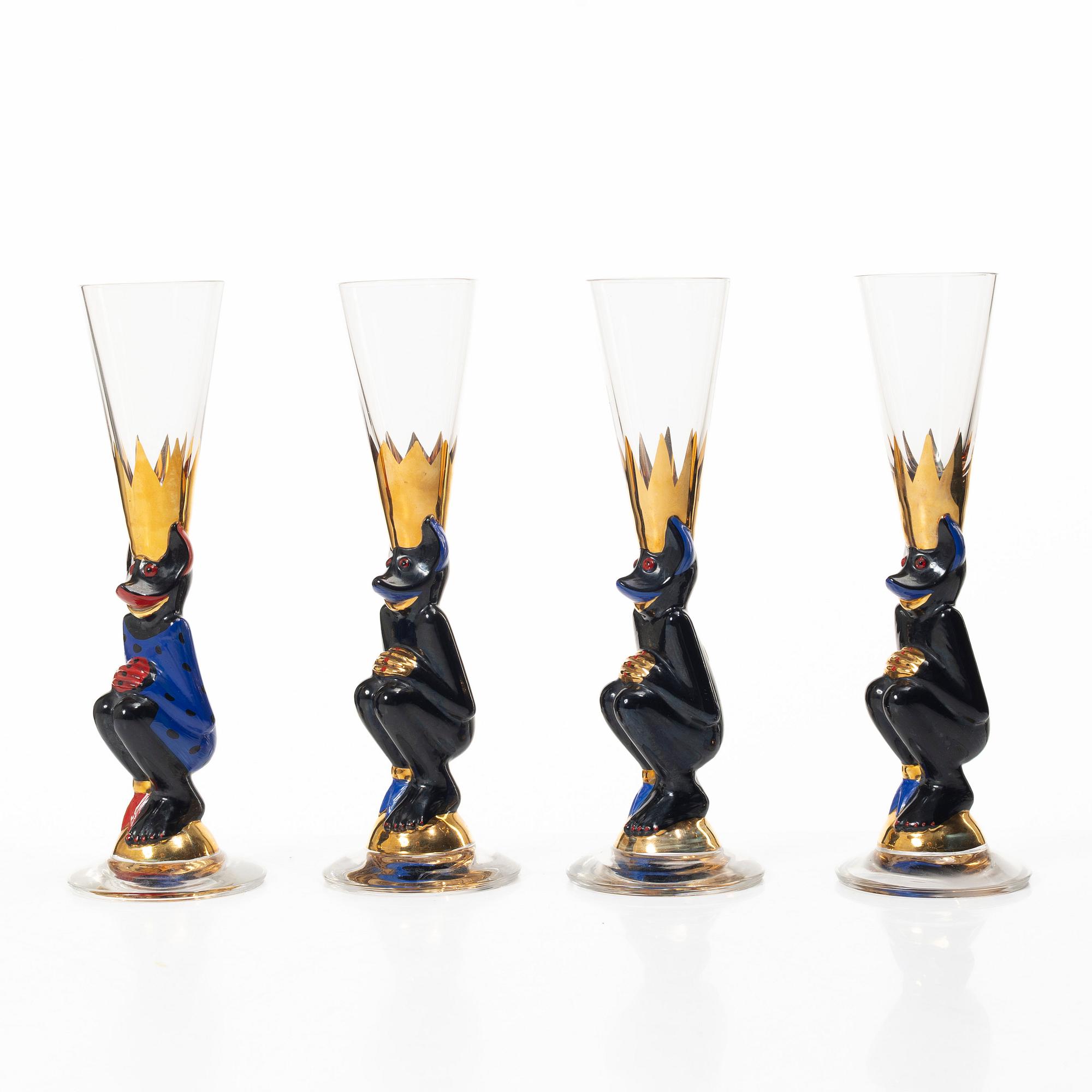 Gunnar Cyrén, four shot glasses, 'Djävulsglas', Nobel, Orrefors.