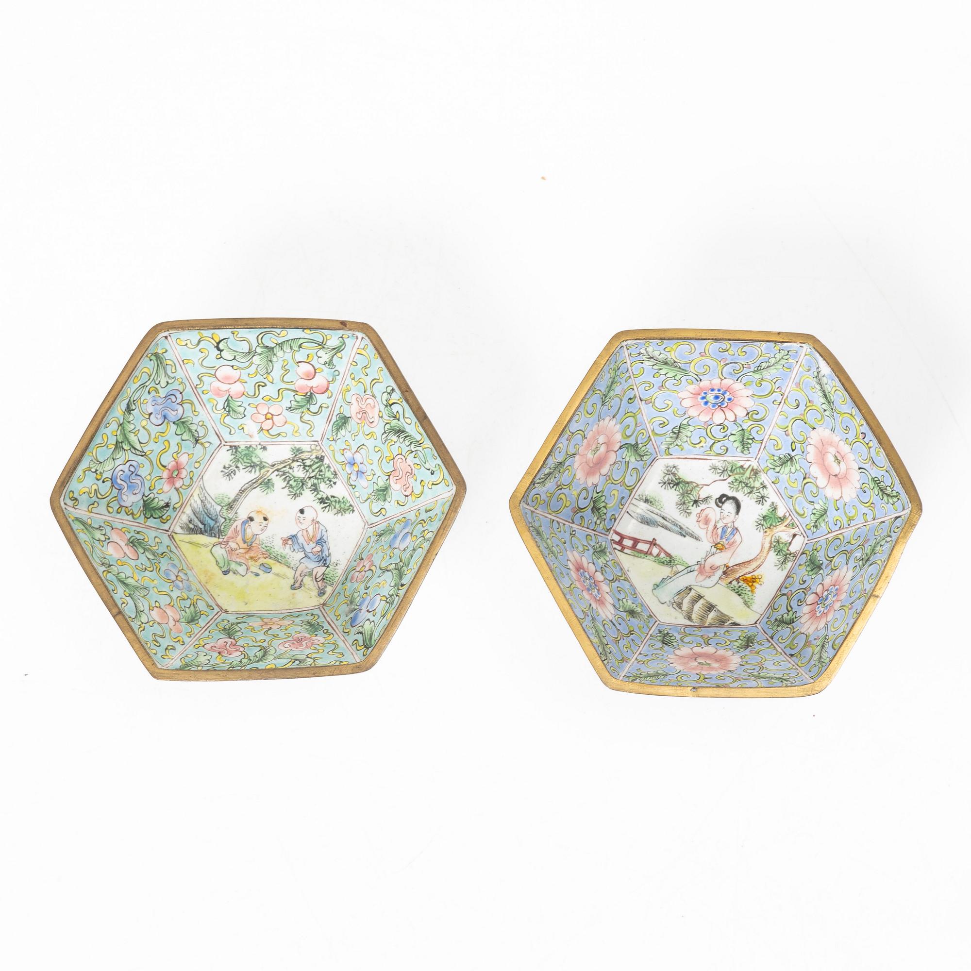 A set of six Chinese enamel on copper bowls and a dish, Qing dynasty and 20th century.