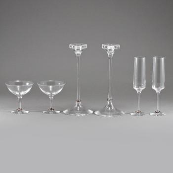 PARTI GLAS, 6 delar, glas och silver, "Amor Vincit Omina", Efva Attling, Orrefors, omkring 2000.