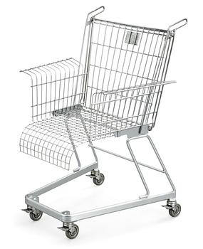 A Frank Schriener 'Consumer's Rest'  galvanized steel wire shopping cart chair, model 2, Stiletto Studios,