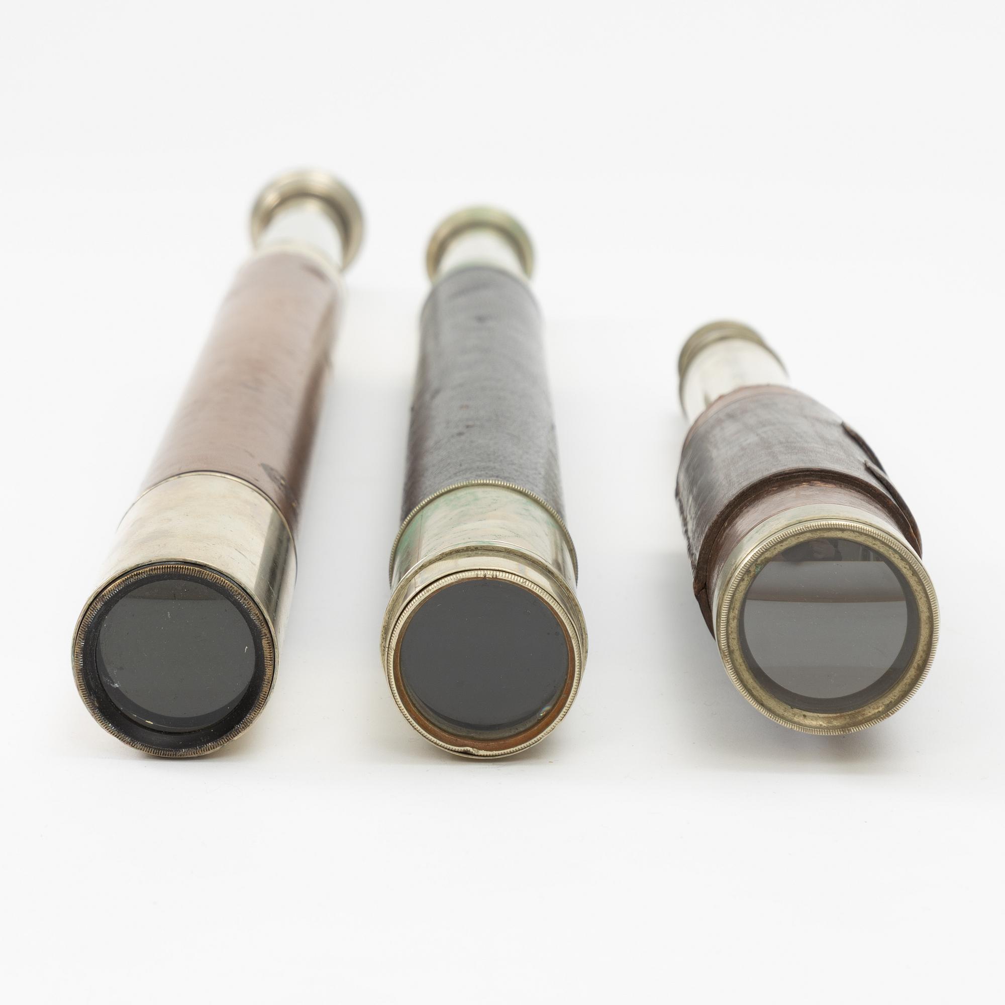 Three telescopes, English, by F Cox, Negretti & Zambra, and Hicks, 19th/20th century.