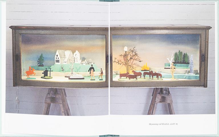 Richard Johansson, object/installation in a wooden cupboard, drawing, painting and mixed media, signed.