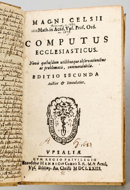 BOK, "Computus Ecclesiasticus..." av Magnus Celsius, Uppsala 1673.