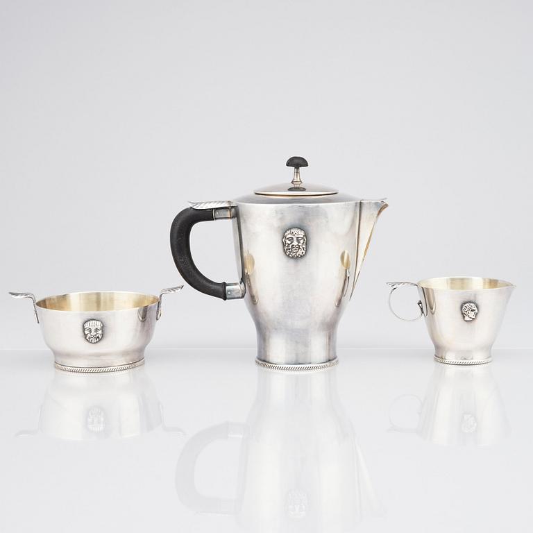Wolter Gahn, kaffeservis, tre delar, nysilver, Swedish Grace, Karl Wojtech, Stockholm 1920-tal.