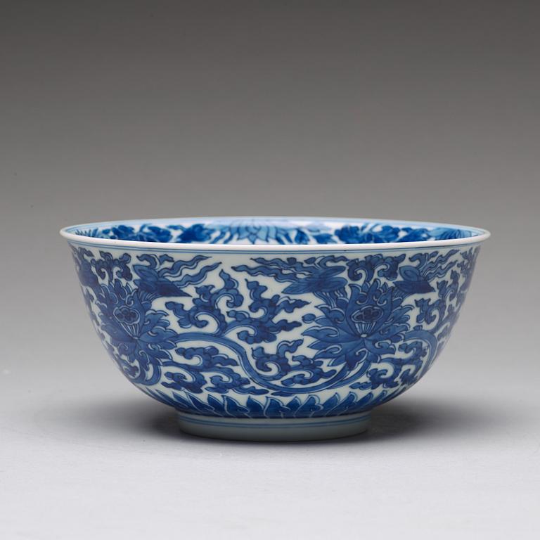 A blue and white lotus bowl, Qing dynasty, with  Kangxi mark and period (1662-1722).