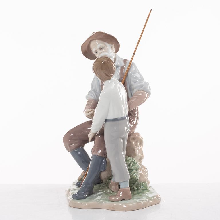 Lladro, two figurines, Salvador Furió, "A fishing lesson", and José Puché, "Fishing with gramps", Spain.