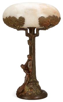 A Karl Hultström Art Nouveau patinated bronze and alabaster table lamp by Nordiska Kompaniet, Stockholm circa 1900.