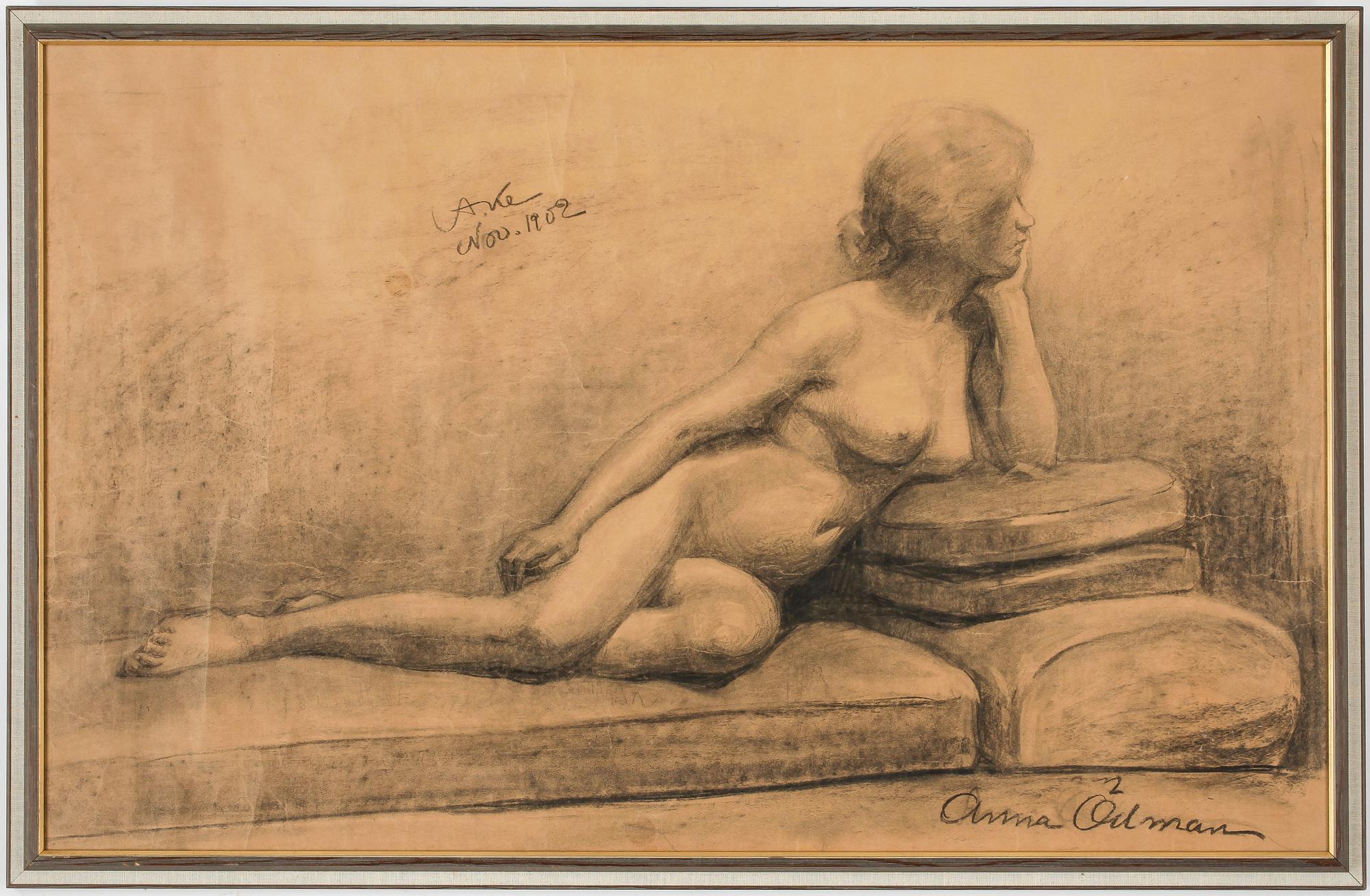 ANNA ÖDMAN, teckning, kolkrita, signerad och daterad Nov 1902.