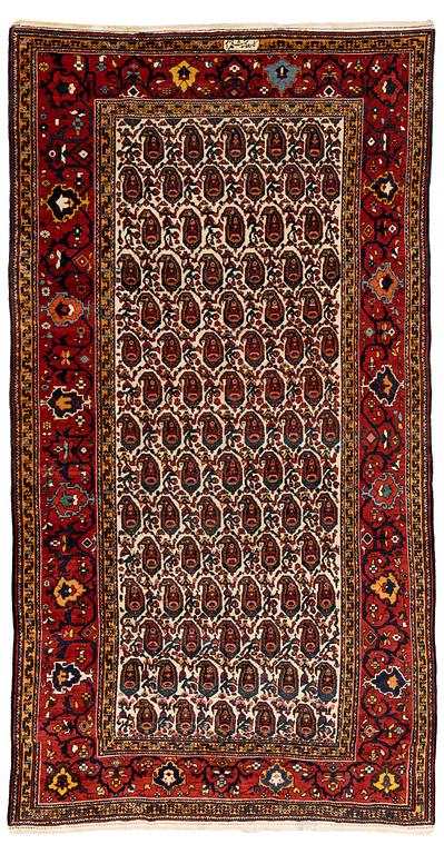 A carpet, antique, Chahar Mahal, signed Karkhane Shalamgar, ca 404 x 206-214 cm.