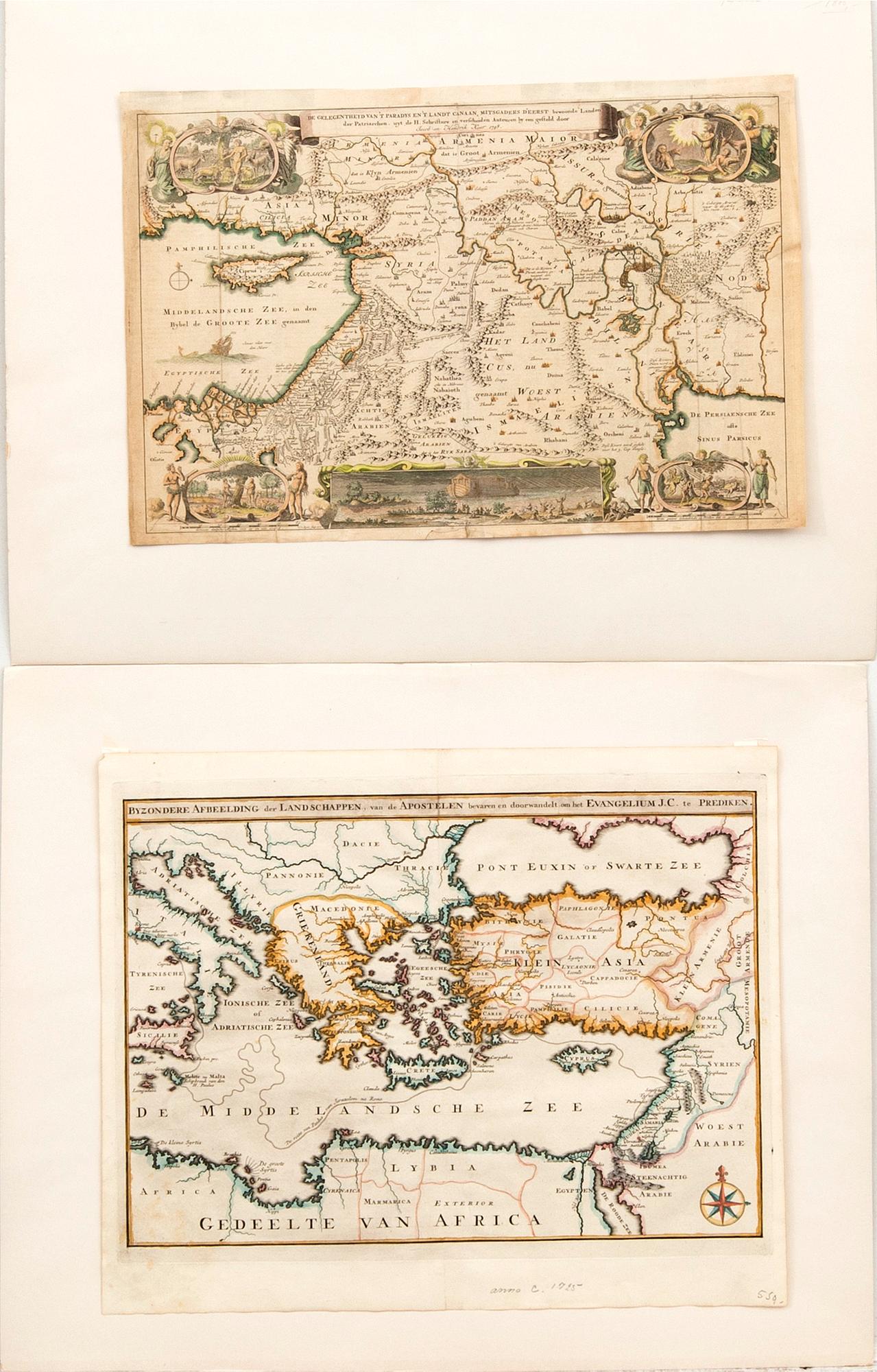 Maps of the Holy Land, 2 pcs, Augustin Calmet 1726 and Jacob & Hendrik Keur 1748, hand-colored engravings.