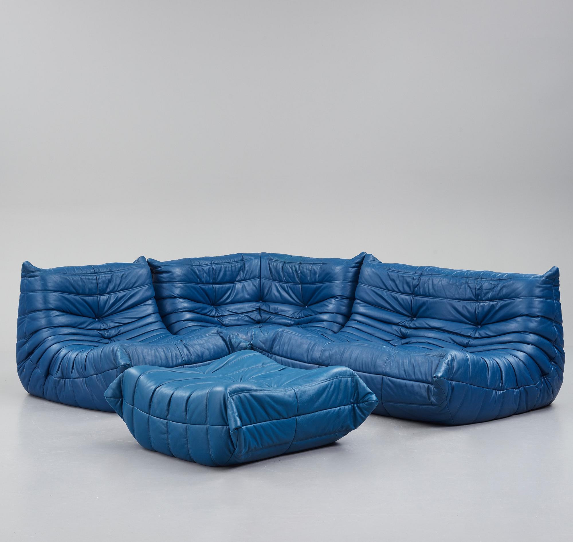 Michel Ducaroy, a blue leather 'Togo' sofa, Ligne Roset, France, presumably 1980s.