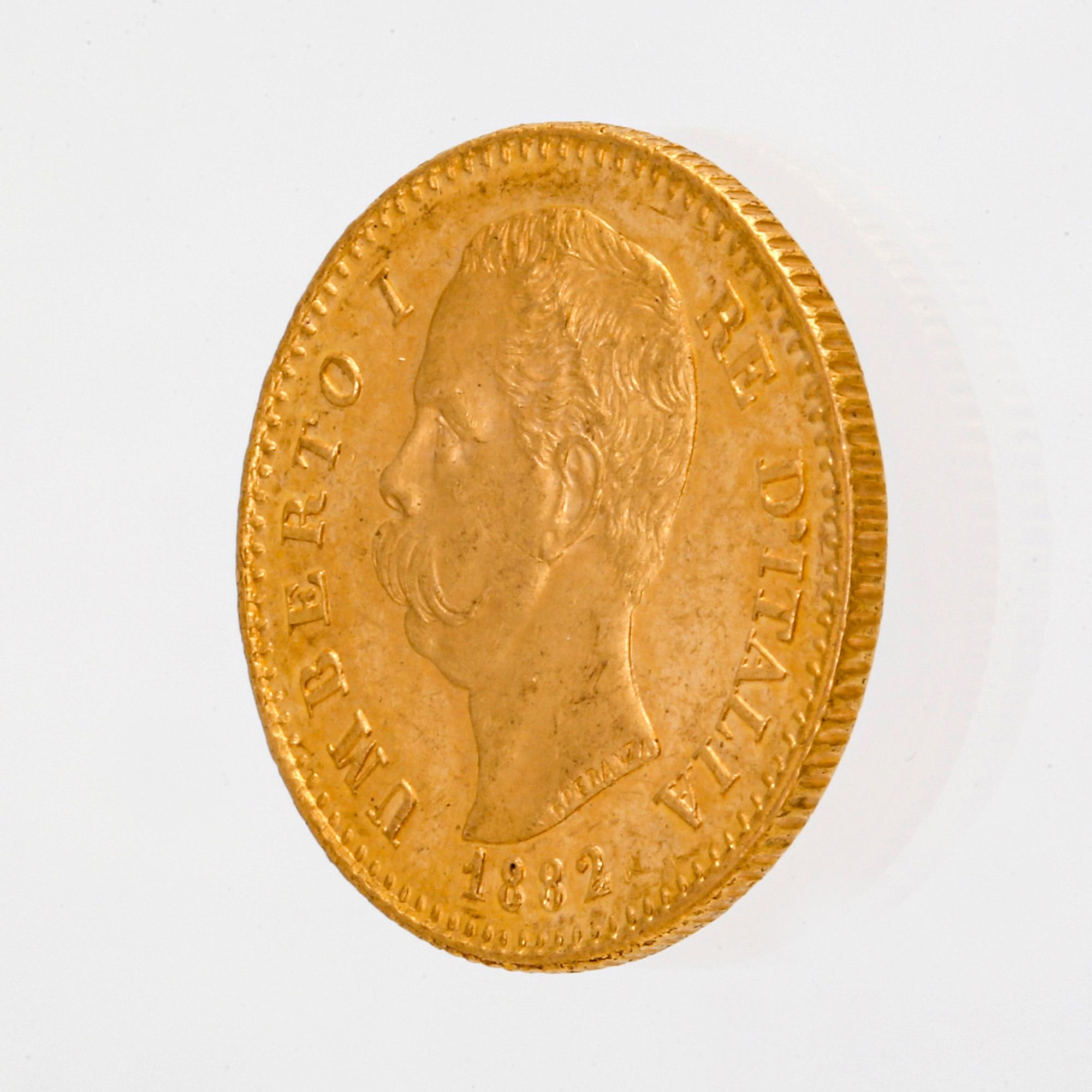 Coin, guld 21,6K (900), L 20 Italien 1882, vikt c 6,4 g.