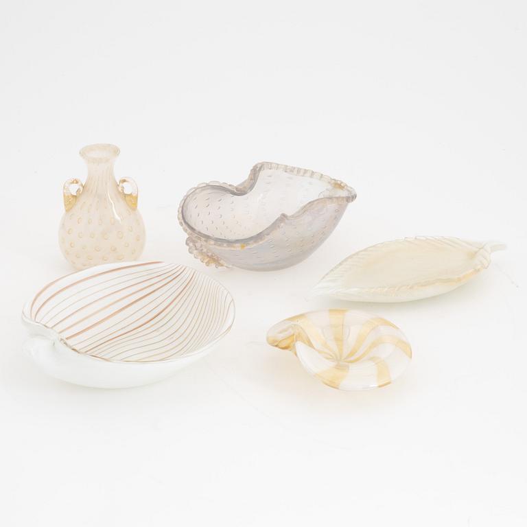 Four bowls and a vase, glass,  Murano, Italy.